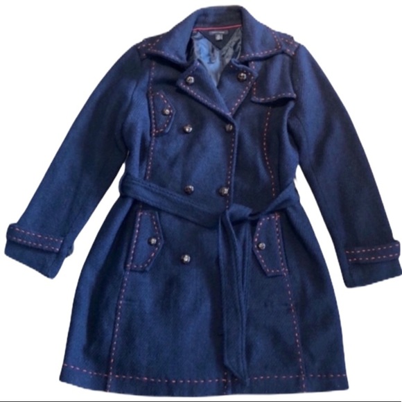 Tommy Hilfiger Wool Blend Navy & Red Stitched Great Quality Winter Peacoat - Picture 12 of 15